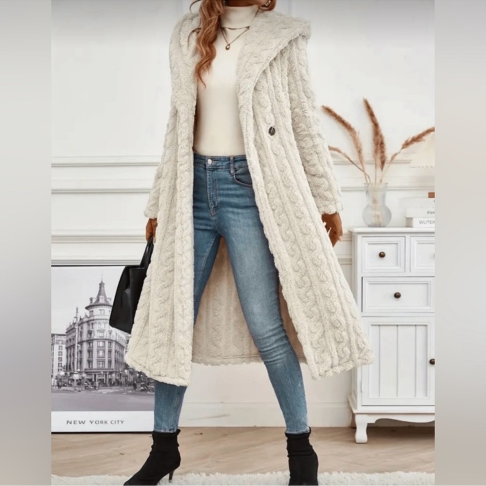 Cozy Solid Textured Open Front Long Hoodie Jacket Coat S M L XL XXL